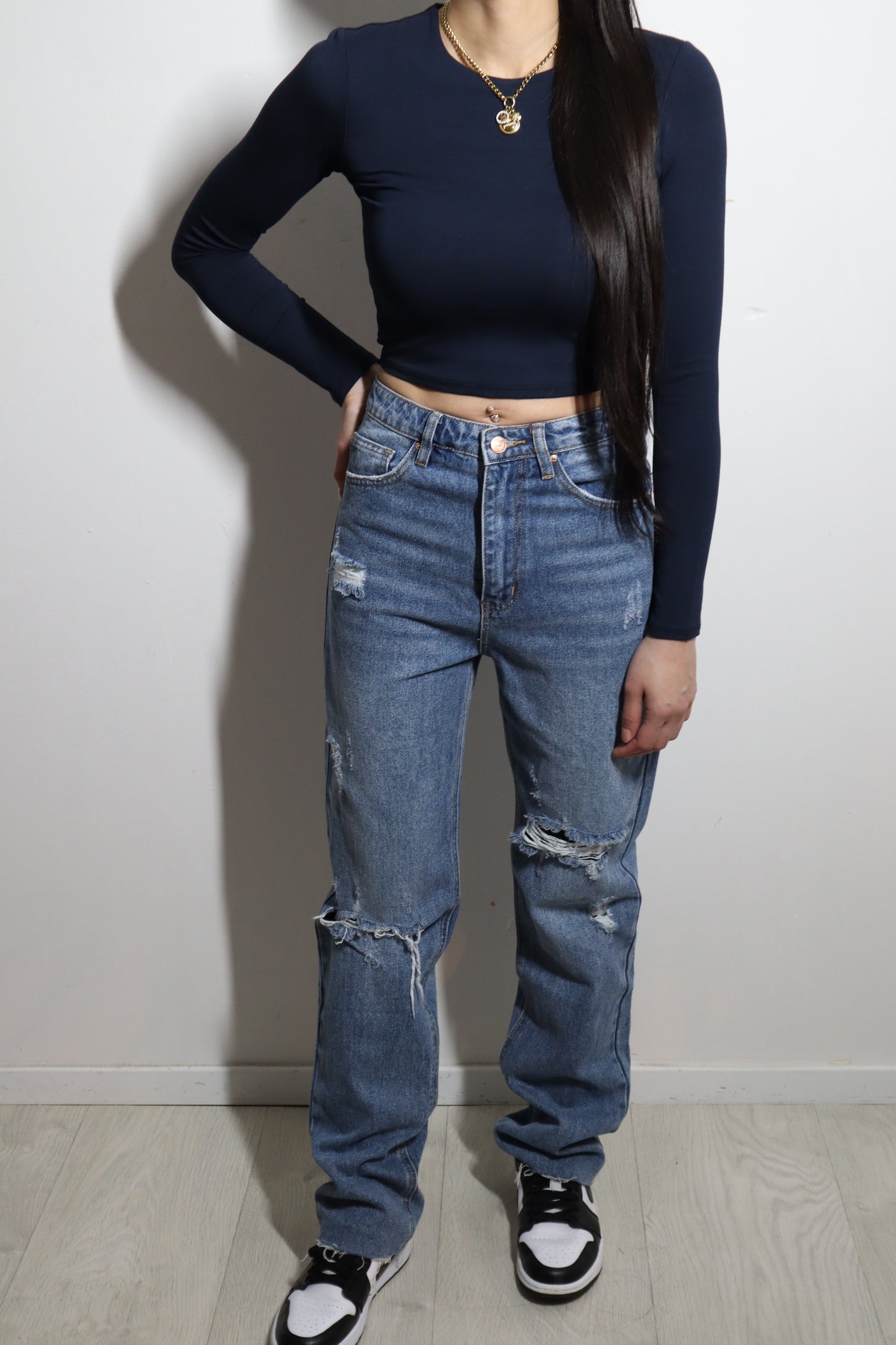 Donkerblauwe Basic Longsleeve Crop Top – Stretch Dames Top