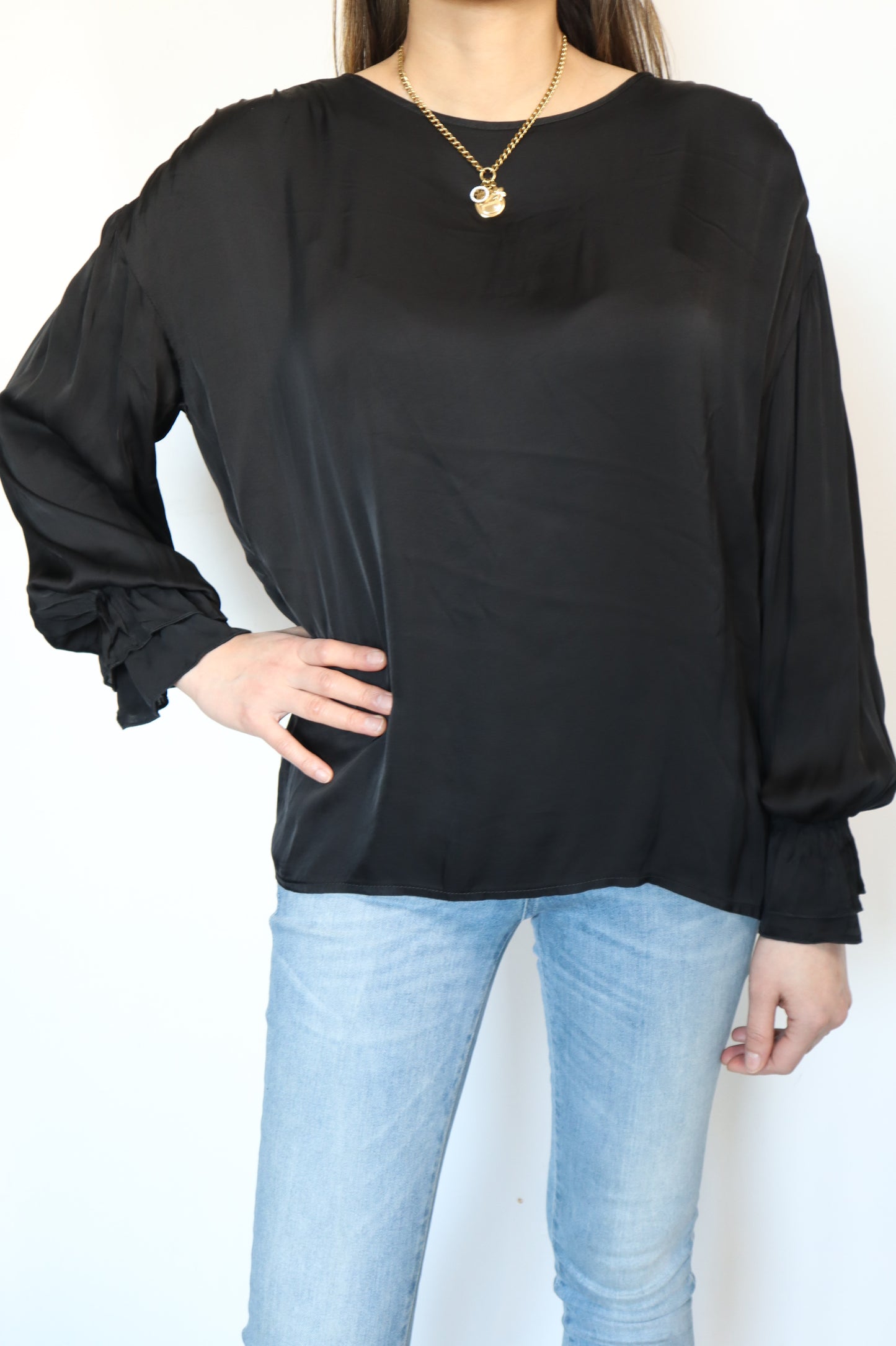 Joss Blouse Met Mouwen Detail-Zwart