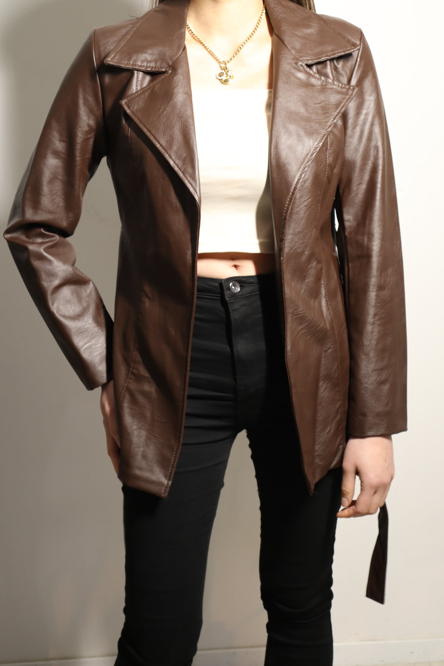 Jos Amsterdam Bruine Vegan Leren Blazer Jas met Ceintuur – Dames