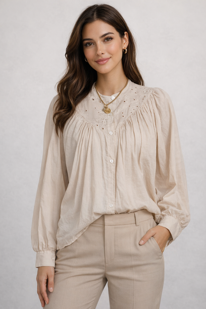 Joss Amsterdam Blouse Beige met Broderie & Lange Mouwen