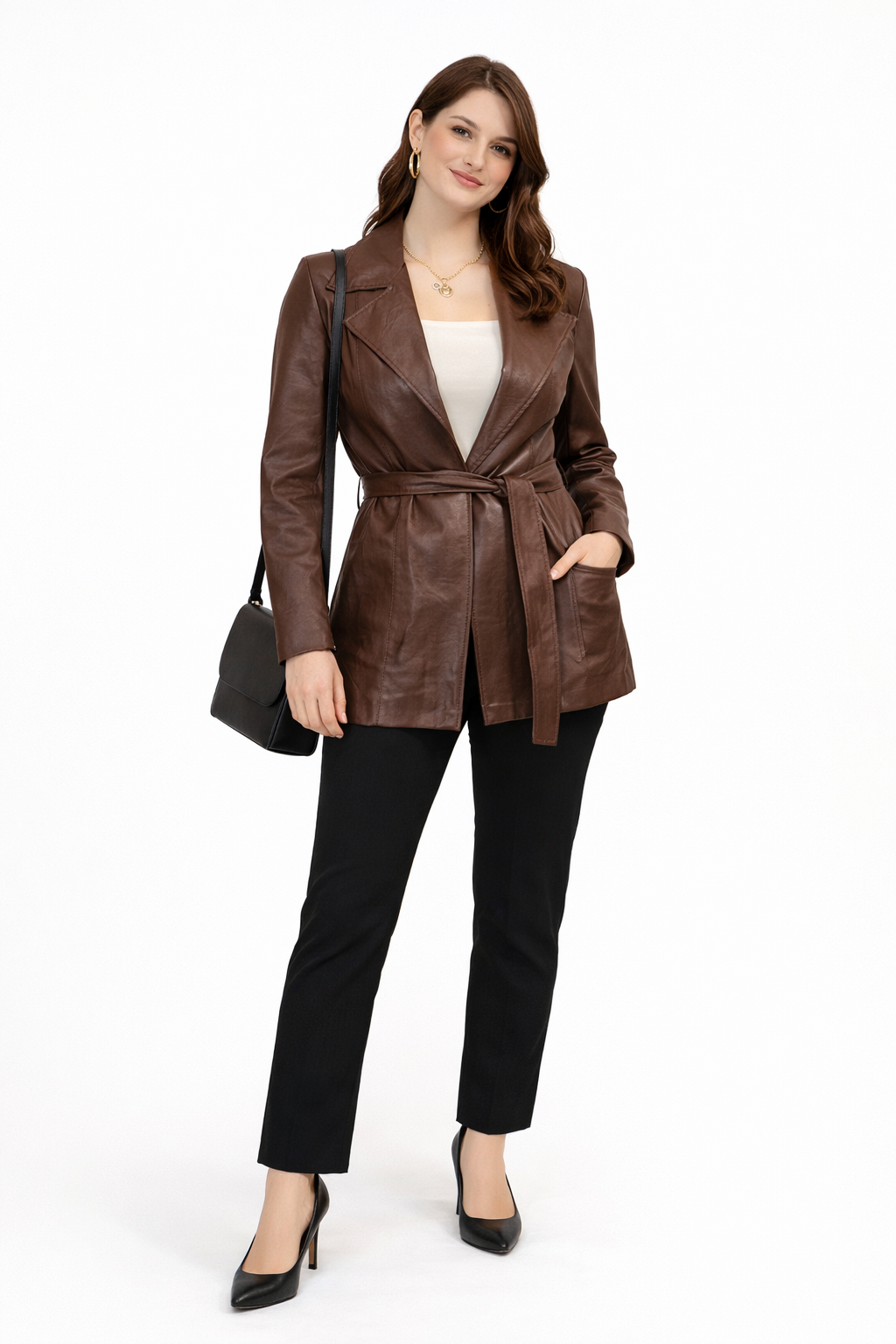 Jos Amsterdam Bruine Vegan Leren Blazer Jas met Ceintuur – Dames
