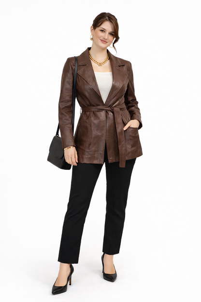 Jos Amsterdam Bruine Vegan Leren Blazer Jas met Ceintuur – Dames