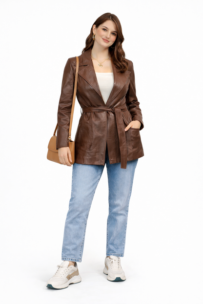 Jos Amsterdam Bruine Vegan Leren Blazer Jas met Ceintuur – Dames
