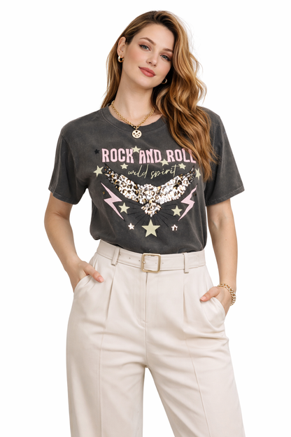 Rock & Roll T-Shirt Dames met Print – Donkergrijs
