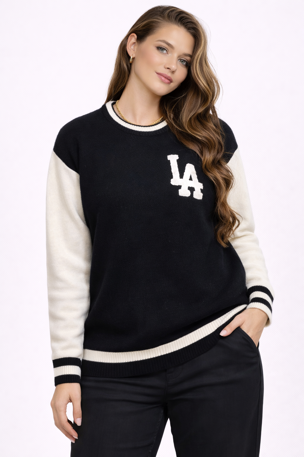 LA Varsity Sweater Dames – Zwart Wit| Los Angeles Knit Trui