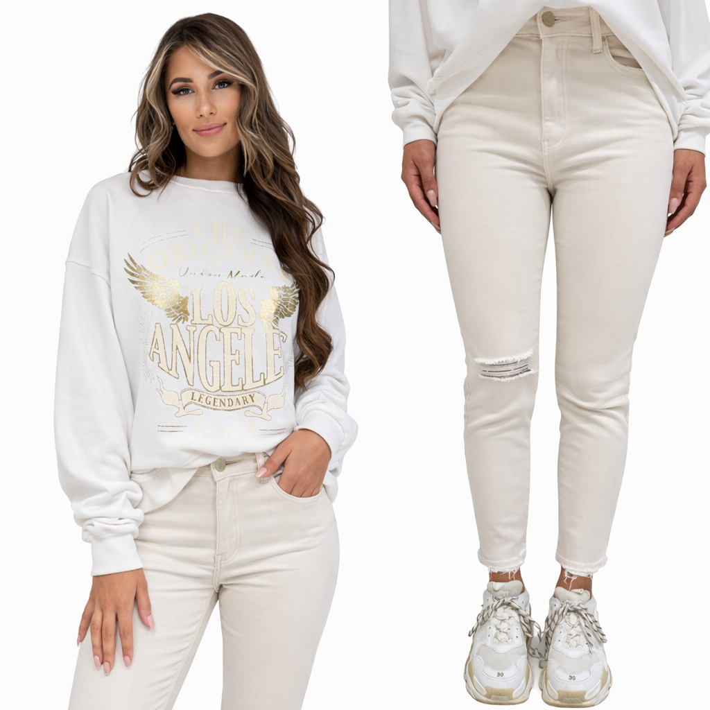 Los Angeles Sweater Wit met Gouden Print – Oversized Dames Trui