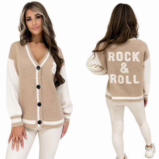 Dames Cardigan Rock & Roll – Taupe-Wit Gebreid Vest Oversized