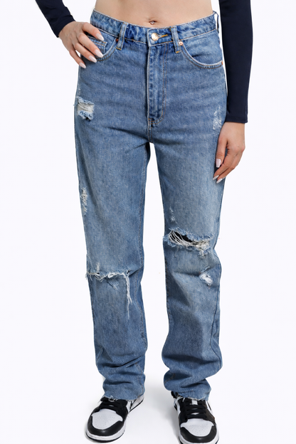 Dames Straight Leg Jeans – Blauw Destroyed – High Waist Denim Broek