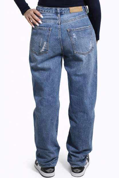 Dames Straight Leg Jeans – Blauw Destroyed – High Waist Denim Broek