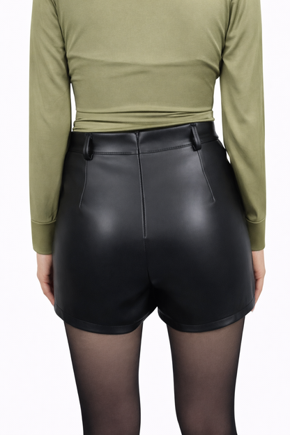 Vegan Leren Skort Zwart – Dames High Waist Rok Short Met Overlap