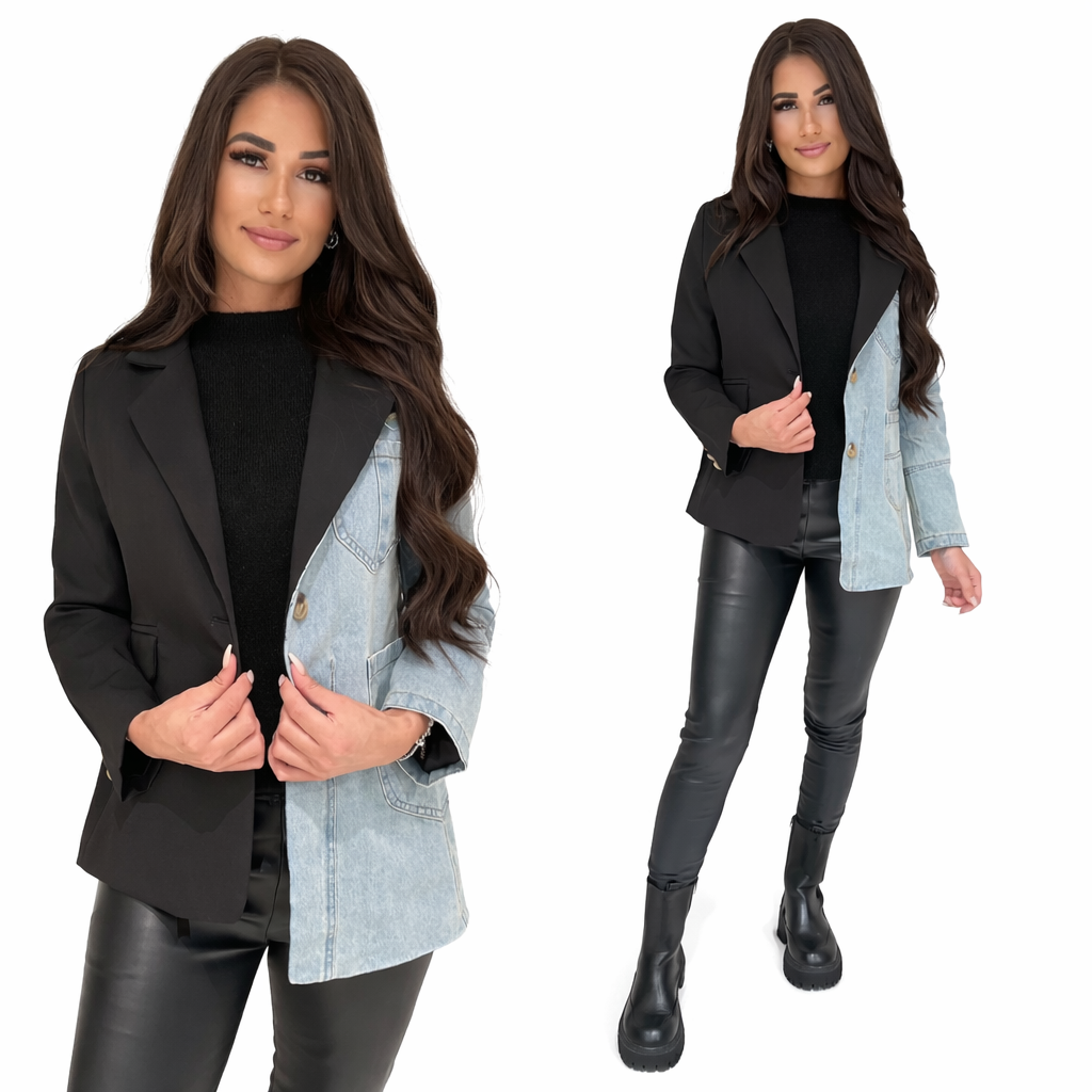 Zwarte Blazer met Denim Detail – Dames Blazer Jacket