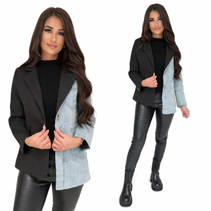 Zwarte Blazer met Denim Detail – Dames Blazer Jacket