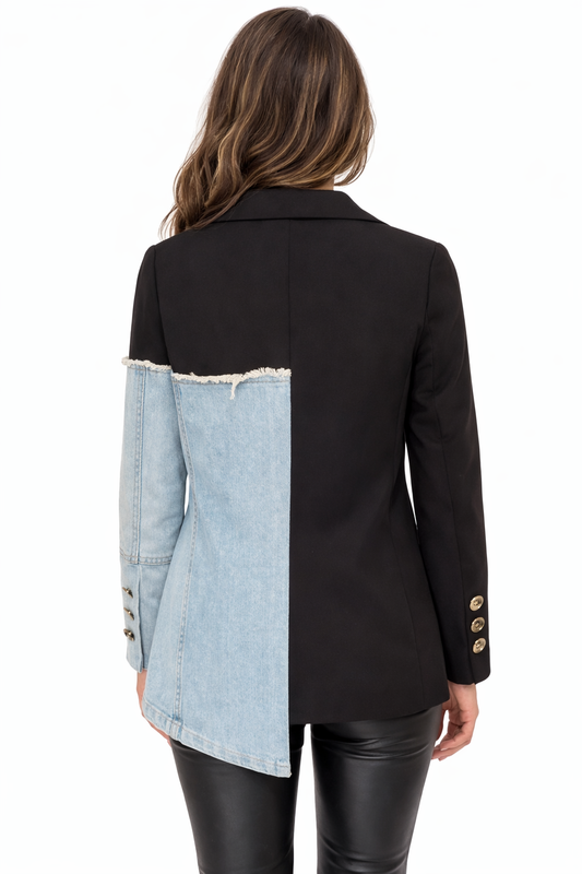 Zwarte Blazer met Denim Detail – Dames Blazer Jacket