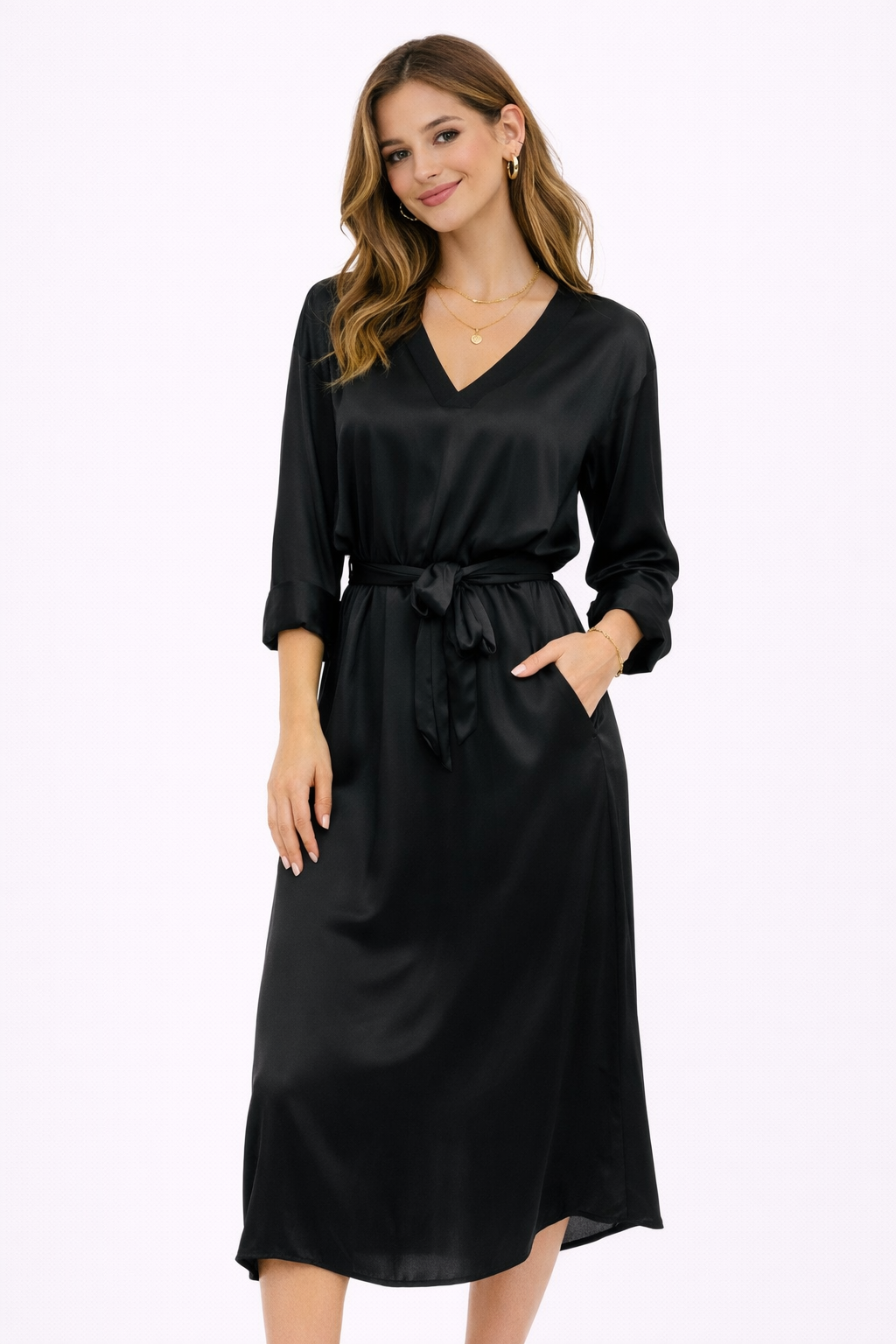 Joss Amsterdam Satin Midi Jurk – Zwart met Ceintuur