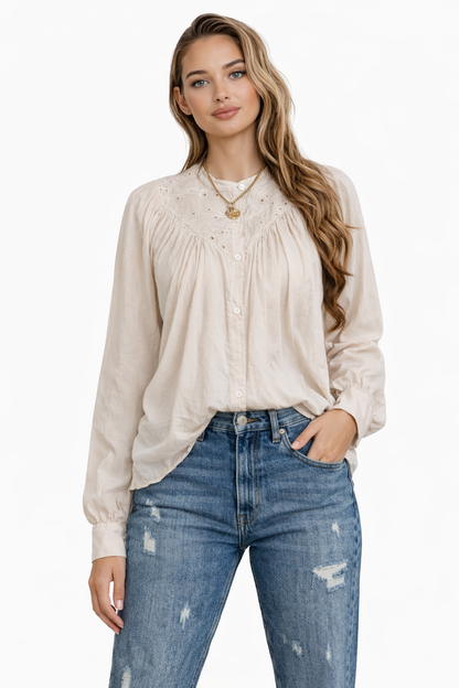 Joss Amsterdam Blouse Beige met Broderie & Lange Mouwen