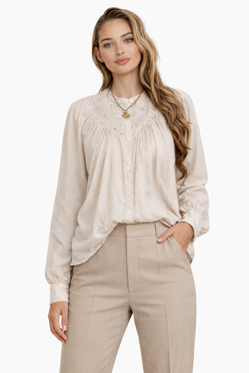 Joss Amsterdam Blouse Beige met Broderie & Lange Mouwen