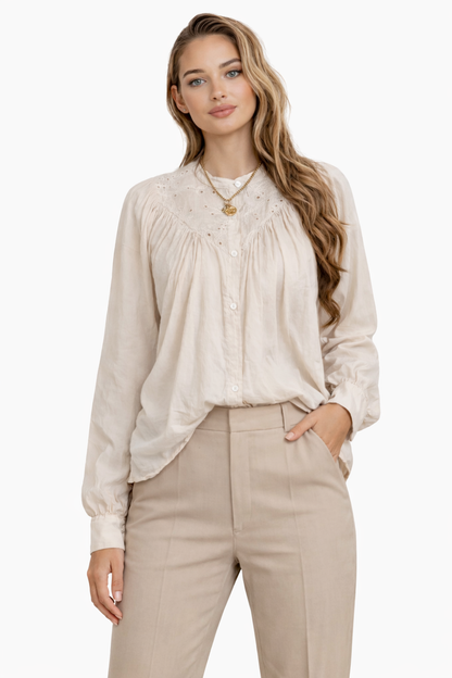 Joss Amsterdam Blouse Beige met Broderie & Lange Mouwen